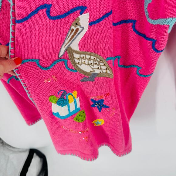 Quacker Factory 3X Pink Beach Scene Embroidered Cardigan Coastal Nautical - Picture 8 of 11